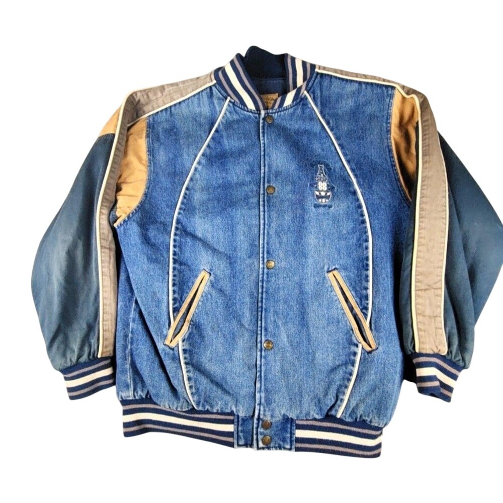 Vintage Denim Jacket Men XL Blue Tan Varsity Letterman Bomber Arizona Y2K